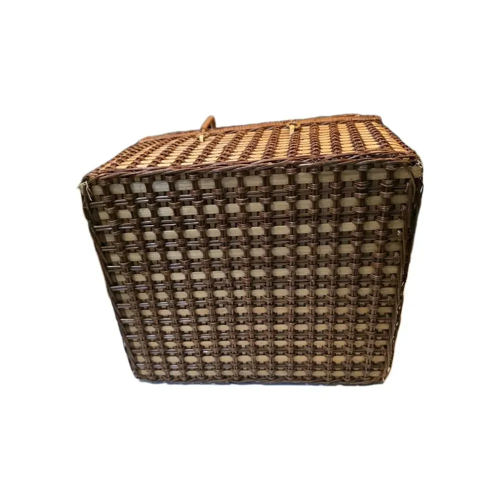 Vintage Wicker Picnic Basket w Lid Handles Red Gingham Liner 2 Woven Plates 12